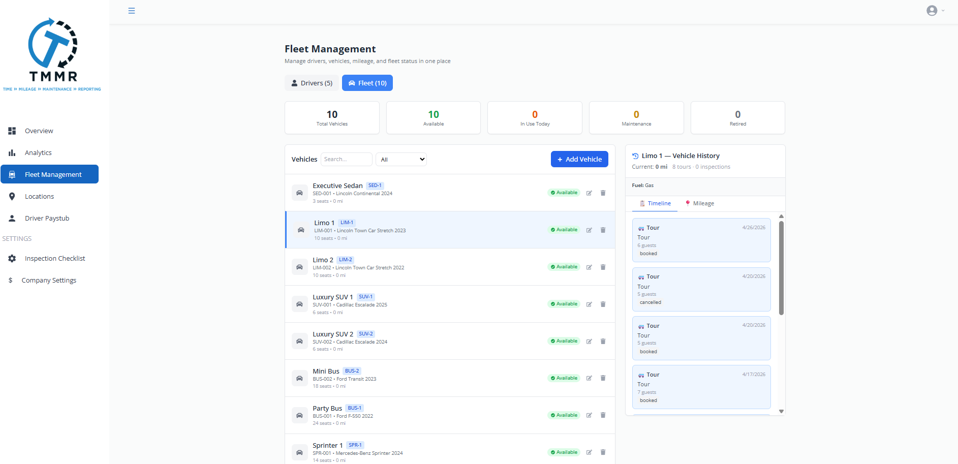 Tour Management Made Right fleet management showing vehicle list and inspection status